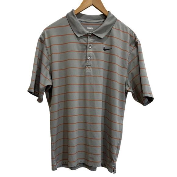 Nike Dri Fit Men L Gray Orange Strips Short Sleeve Henley Golf Polo Performance - Picture 1 of 9